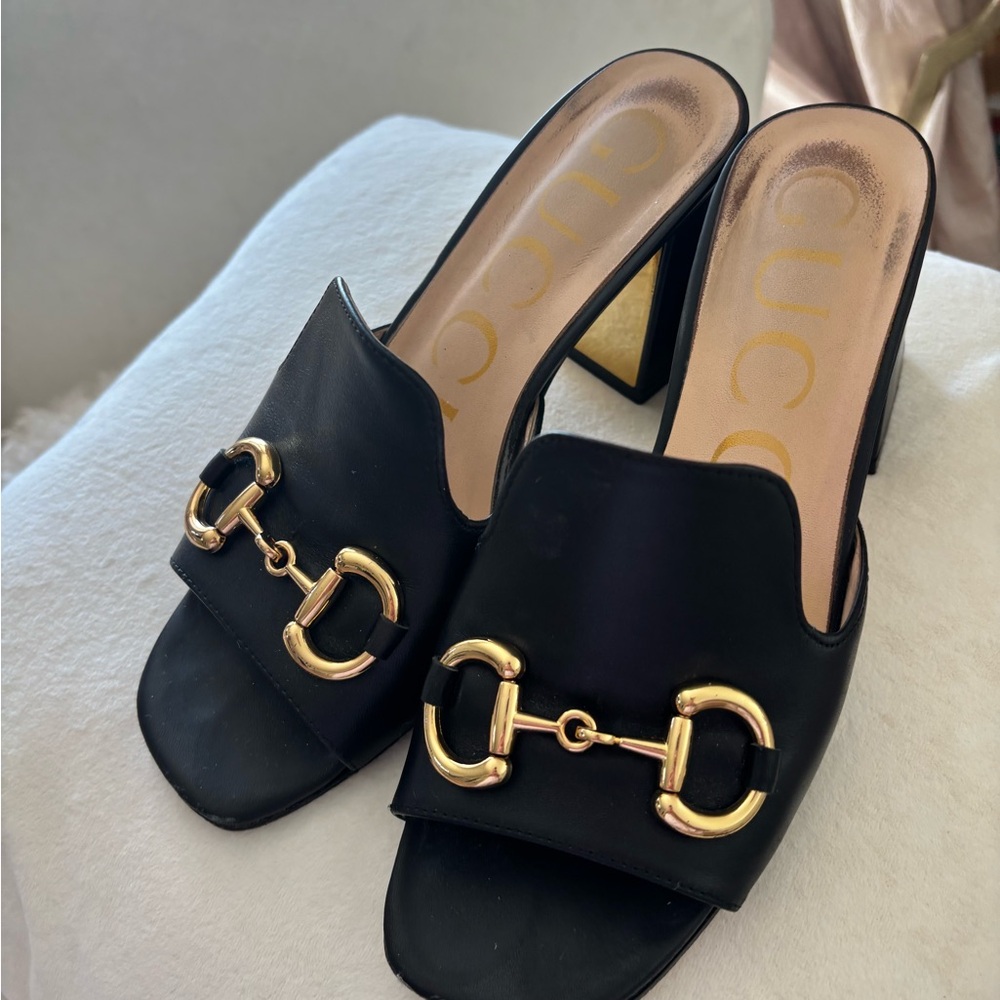 Gucci Black Mules with Gold Hardware